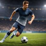 Jogador de futebol em ação em um campo, vestindo uniforme com a letra U no design, em um estádio com público ao fundo.