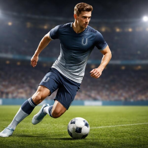 Jogador de futebol em ação em um campo, vestindo uniforme com a letra U no design, em um estádio com público ao fundo.
