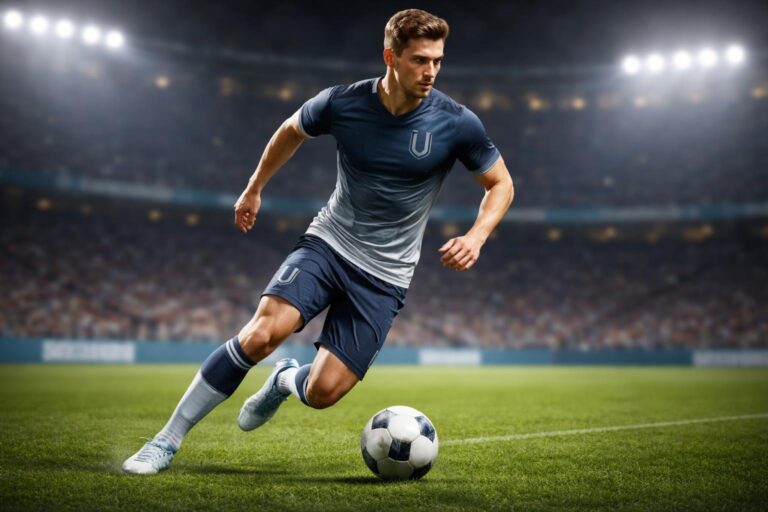 Jogador de futebol em ação em um campo, vestindo uniforme com a letra U no design, em um estádio com público ao fundo.