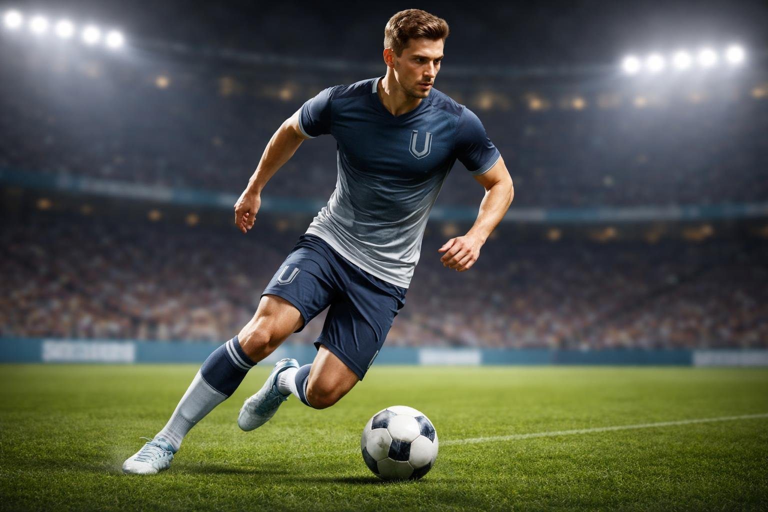 Jogador de futebol em ação em um campo, vestindo uniforme com a letra U no design, em um estádio com público ao fundo.