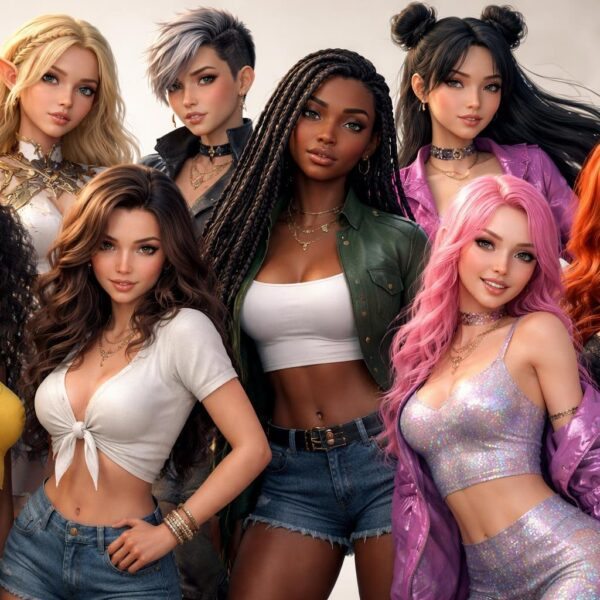 Grupo de personagens femininas variadas em pé, com diferentes aparências e roupas, em uma pose dinâmica.