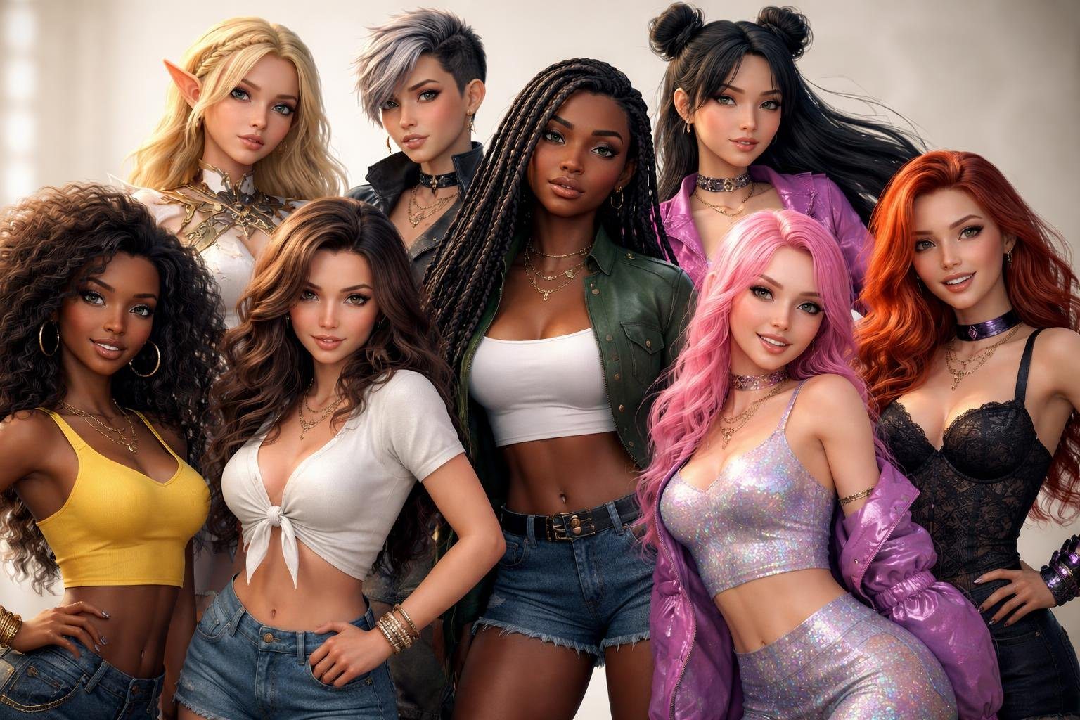 Grupo de personagens femininas variadas em pé, com diferentes aparências e roupas, em uma pose dinâmica.