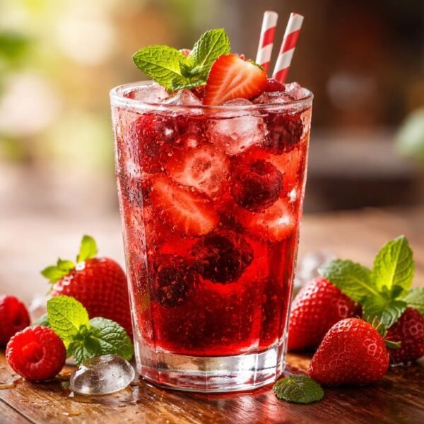 Um copo alto com uma bebida vermelha gelada, rodeado por frutas frescas e folhas de hortelã sobre uma superfície de madeira.