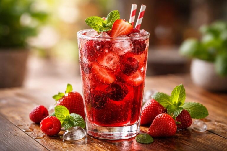 Um copo alto com uma bebida vermelha gelada, rodeado por frutas frescas e folhas de hortelã sobre uma superfície de madeira.