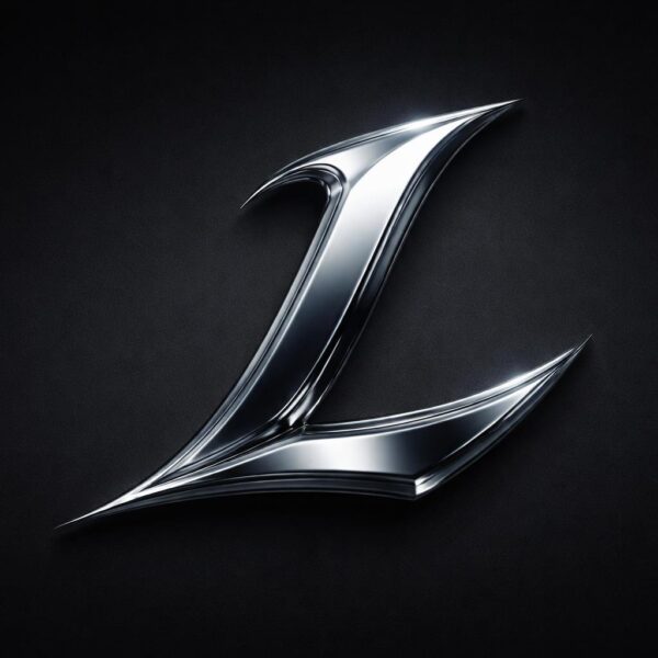 Um logo tridimensional da letra L em metal brilhante sobre fundo escuro.