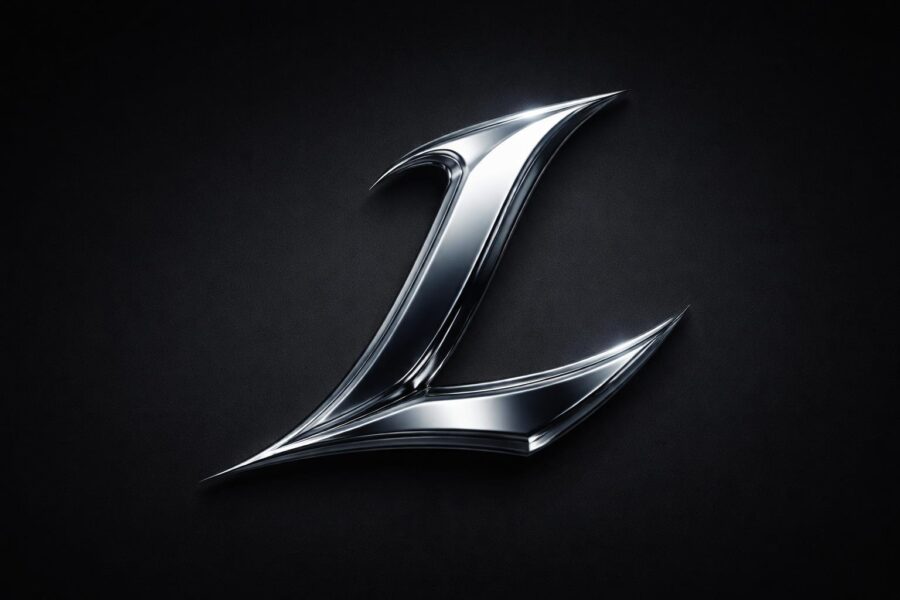 Um logo tridimensional da letra L em metal brilhante sobre fundo escuro.