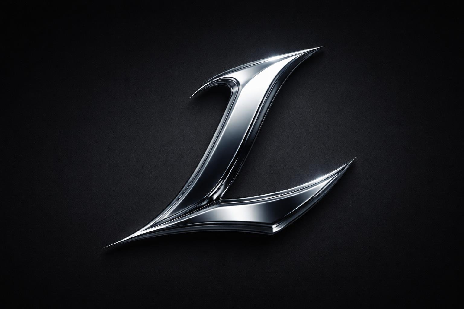 Um logo tridimensional da letra L em metal brilhante sobre fundo escuro.