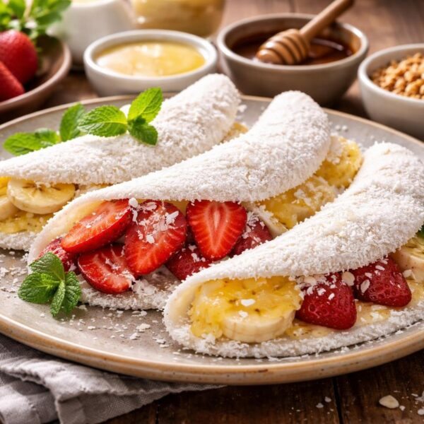 Prato com tapioca recheada com coco, morangos e queijo, em uma mesa de madeira com potes de coberturas ao redor.