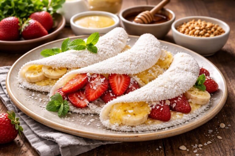 Prato com tapioca recheada com coco, morangos e queijo, em uma mesa de madeira com potes de coberturas ao redor.