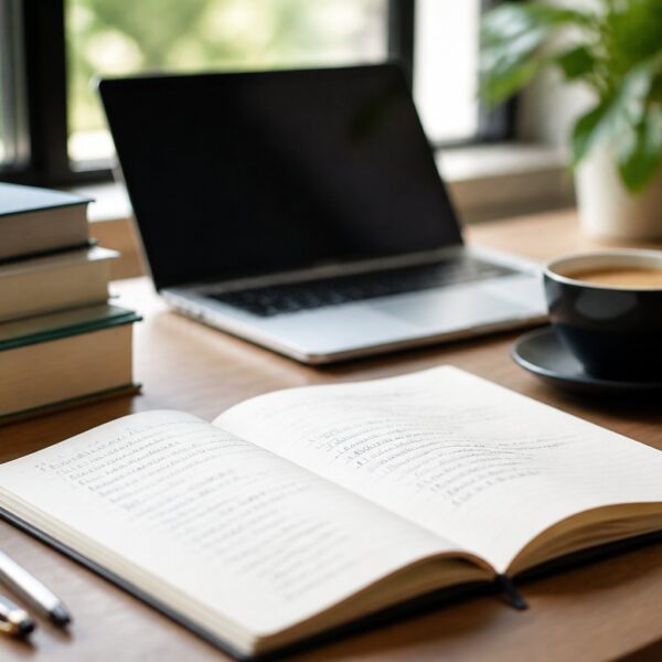 Mesa de trabalho com caderno aberto, canetas, laptop e livros, sugerindo estudo de gramática.
