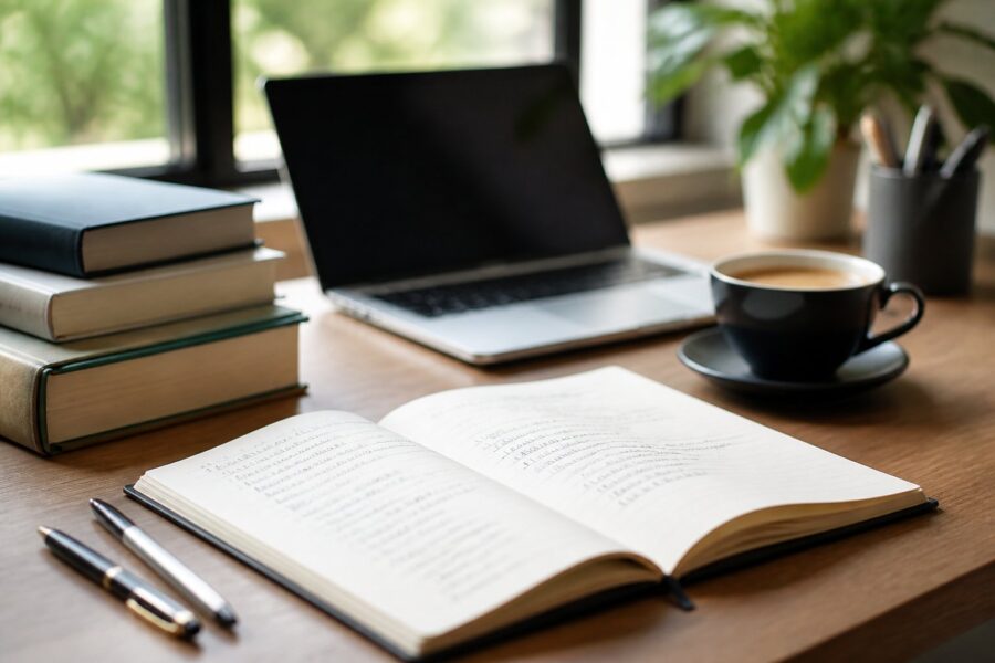 Mesa de trabalho com caderno aberto, canetas, laptop e livros, sugerindo estudo de gramática.
