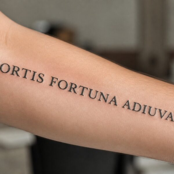 Braço de uma pessoa com uma tatuagem em latim visível, em foco, com fundo desfocado.