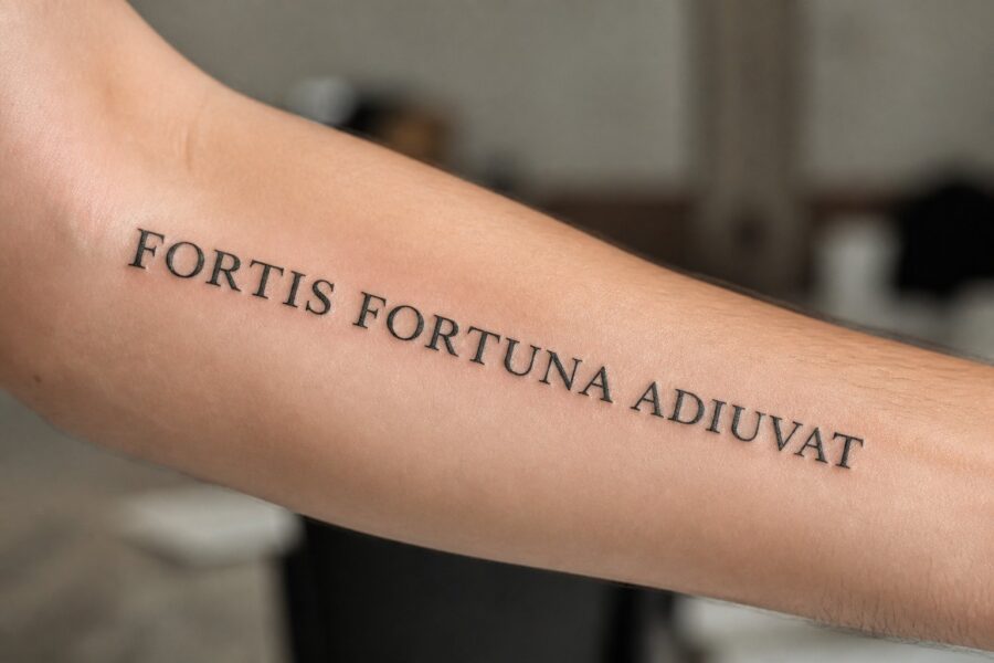 Braço de uma pessoa com uma tatuagem em latim visível, em foco, com fundo desfocado.