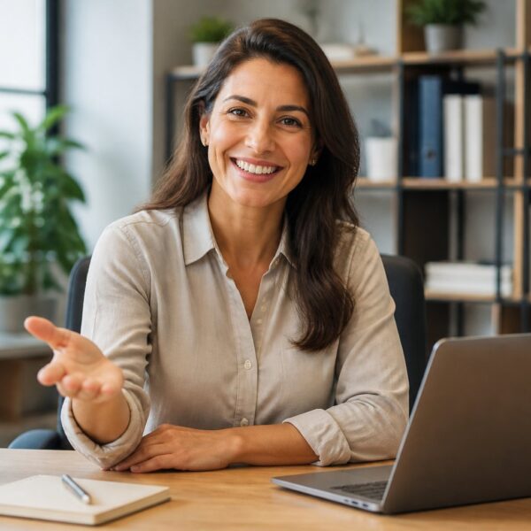 Mulher sentada em escritório moderno, sorrindo e fazendo um gesto de convite com a mão.