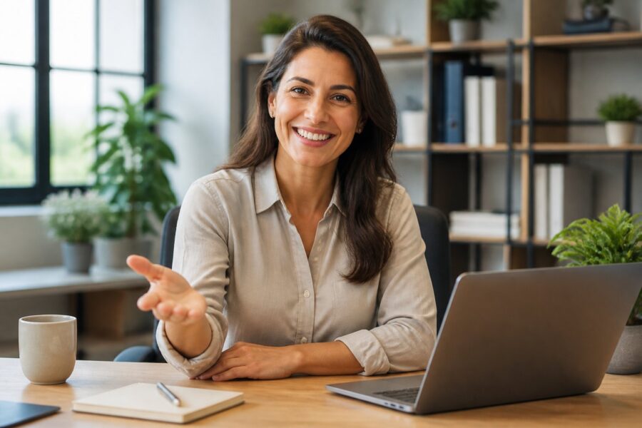 Mulher sentada em escritório moderno, sorrindo e fazendo um gesto de convite com a mão.