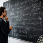 Pessoa concentrada analisando uma equação matemática complexa escrita em um quadro em uma sala moderna.