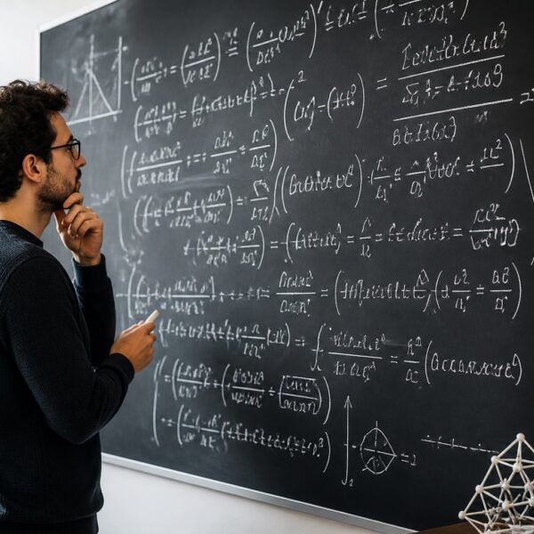 Pessoa concentrada analisando uma equação matemática complexa escrita em um quadro em uma sala moderna.