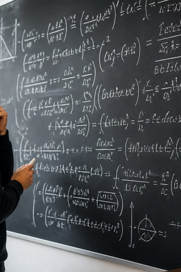 Pessoa concentrada analisando uma equação matemática complexa escrita em um quadro em uma sala moderna.