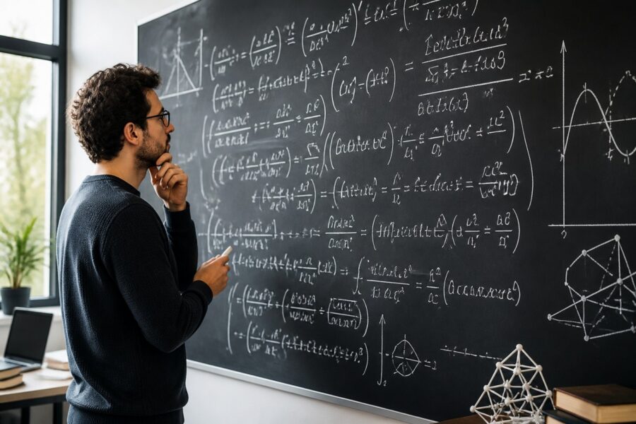 Pessoa concentrada analisando uma equação matemática complexa escrita em um quadro em uma sala moderna.
