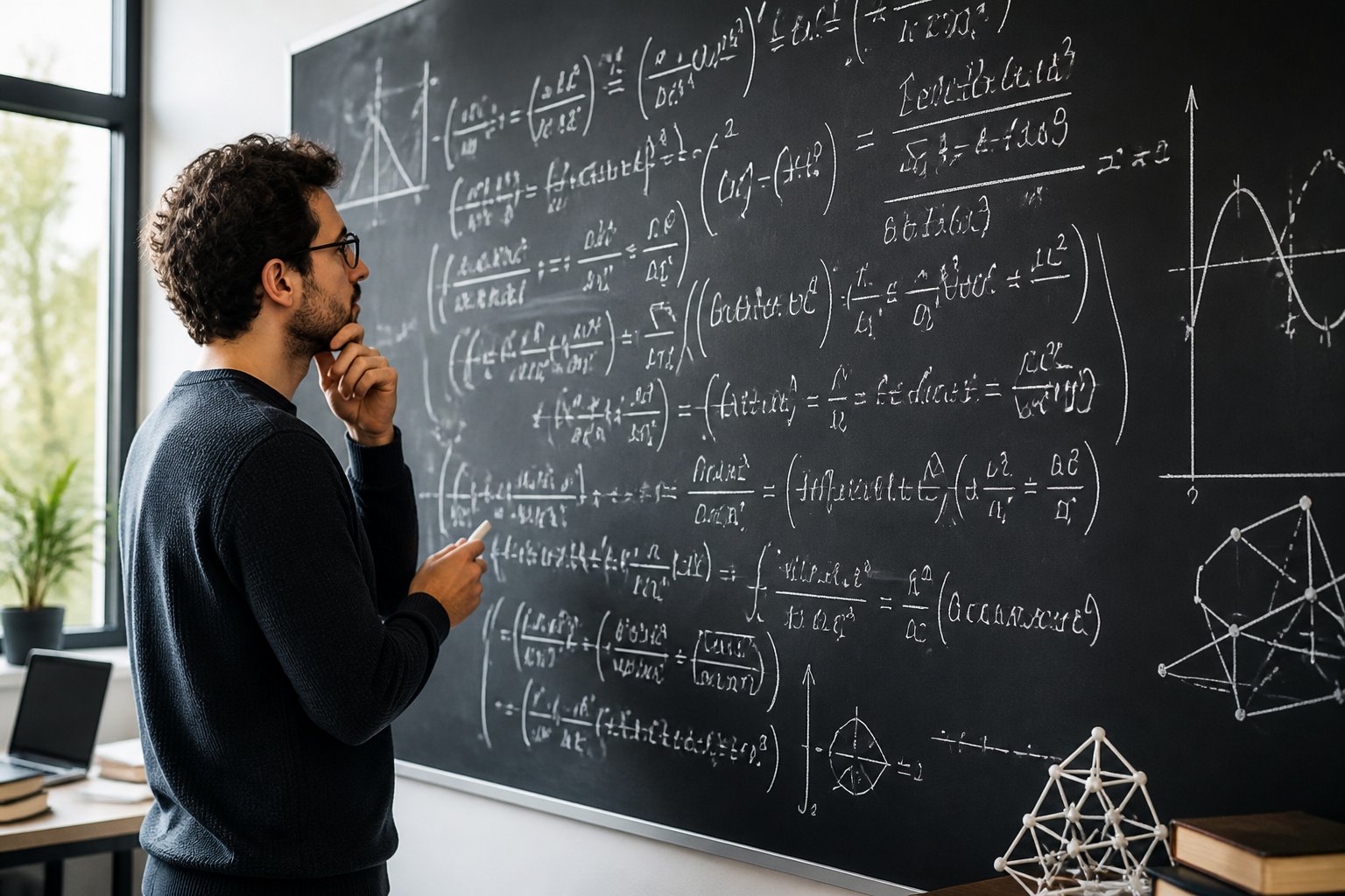 Pessoa concentrada analisando uma equação matemática complexa escrita em um quadro em uma sala moderna.