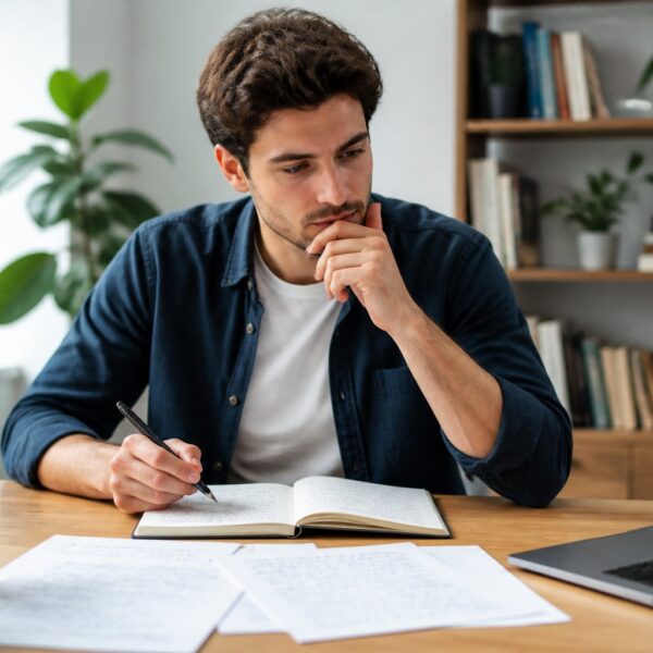 Pessoa jovem pensativa sentada em uma mesa com caderno aberto e anotações, em um ambiente de escritório iluminado e organizado.