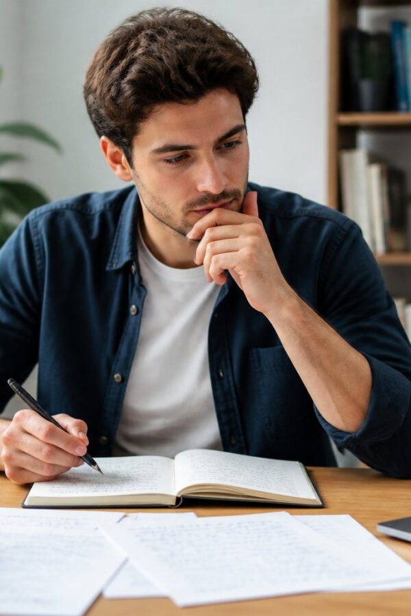 Pessoa jovem pensativa sentada em uma mesa com caderno aberto e anotações, em um ambiente de escritório iluminado e organizado.