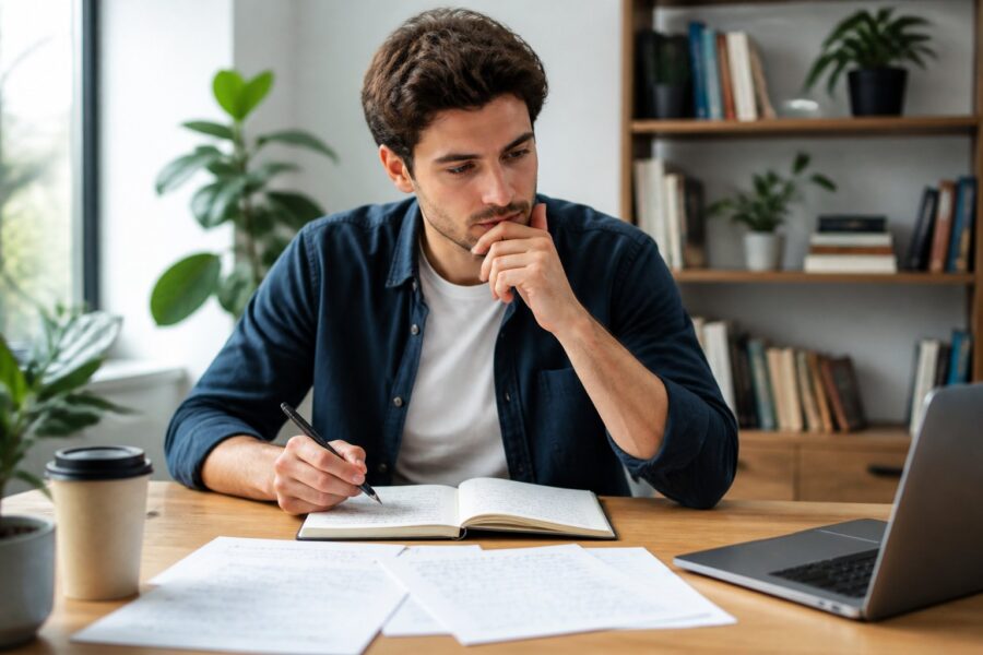 Pessoa jovem pensativa sentada em uma mesa com caderno aberto e anotações, em um ambiente de escritório iluminado e organizado.