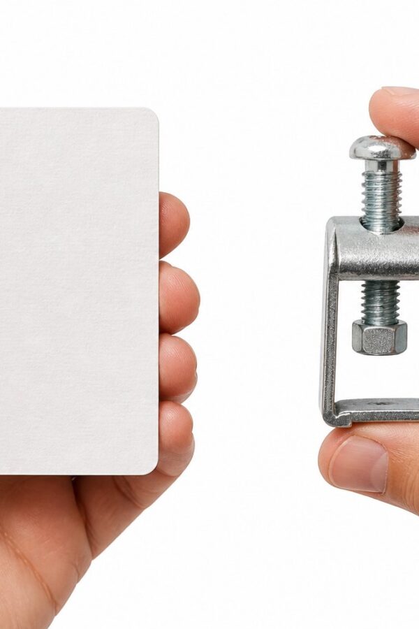 Duas mãos segurando lado a lado uma ficha de papel e um fixador metálico sobre fundo branco.