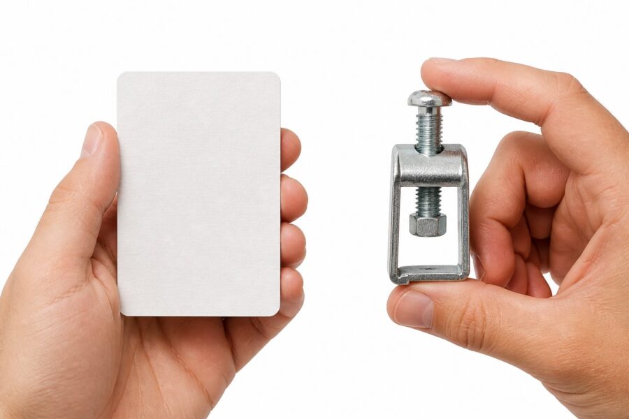 Duas mãos segurando lado a lado uma ficha de papel e um fixador metálico sobre fundo branco.