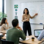 Sala de aula moderna com alunos adultos aprendendo português e professora explicando gramática.
