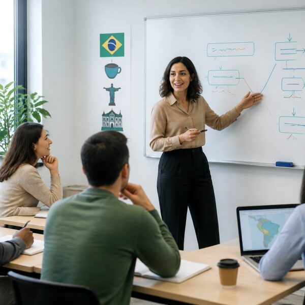 Sala de aula moderna com alunos adultos aprendendo português e professora explicando gramática.