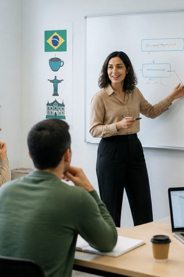 Sala de aula moderna com alunos adultos aprendendo português e professora explicando gramática.
