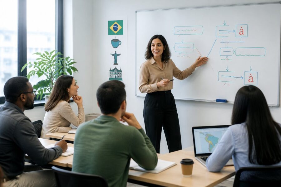 Sala de aula moderna com alunos adultos aprendendo português e professora explicando gramática.