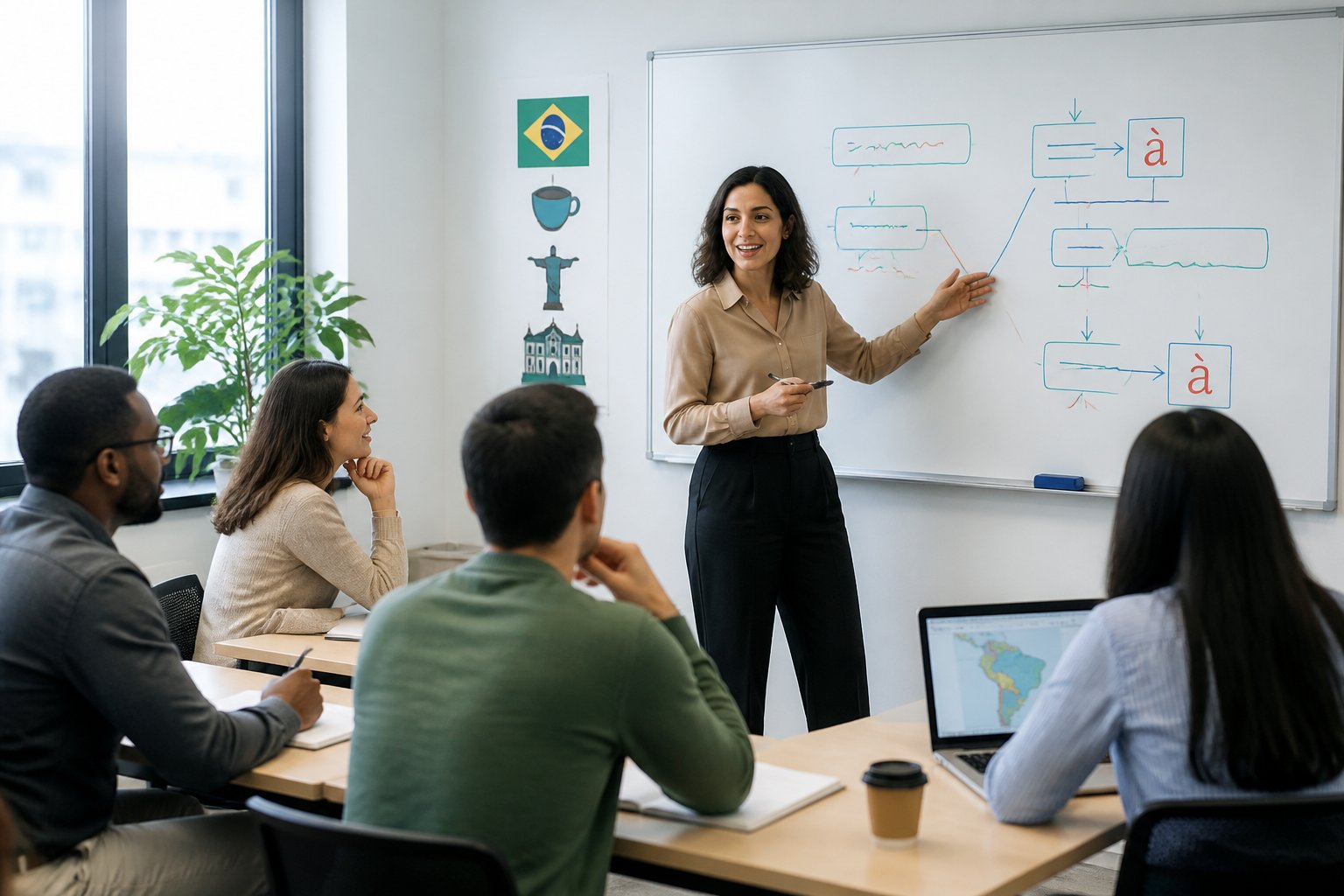 Sala de aula moderna com alunos adultos aprendendo português e professora explicando gramática.