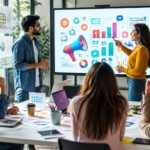 Um grupo de profissionais trabalhando juntos em um escritório moderno, discutindo estratégias de marketing diante de uma tela digital com gráficos coloridos.