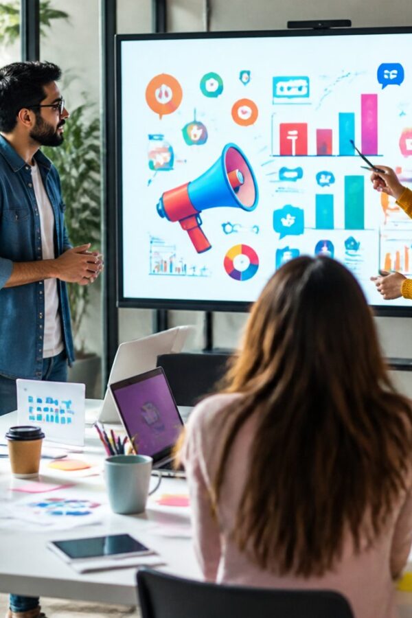 Um grupo de profissionais trabalhando juntos em um escritório moderno, discutindo estratégias de marketing diante de uma tela digital com gráficos coloridos.