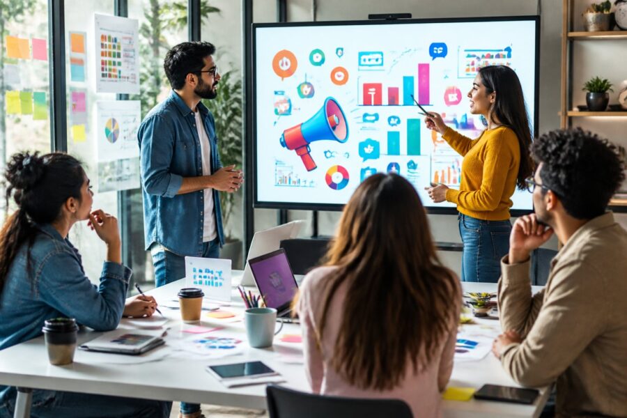 Um grupo de profissionais trabalhando juntos em um escritório moderno, discutindo estratégias de marketing diante de uma tela digital com gráficos coloridos.
