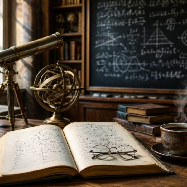 Mesa de trabalho com livro aberto de física, instrumentos científicos antigos e quadro negro com fórmulas ao fundo.