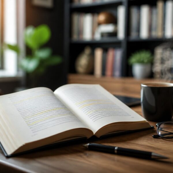 Livro aberto sobre mesa de madeira com óculos e xícara de café ao lado, em um ambiente de escritório desfocado ao fundo.