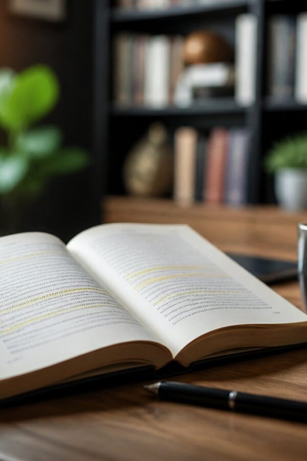 Livro aberto sobre mesa de madeira com óculos e xícara de café ao lado, em um ambiente de escritório desfocado ao fundo.
