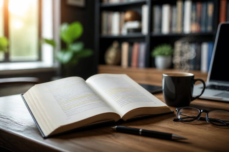Livro aberto sobre mesa de madeira com óculos e xícara de café ao lado, em um ambiente de escritório desfocado ao fundo.