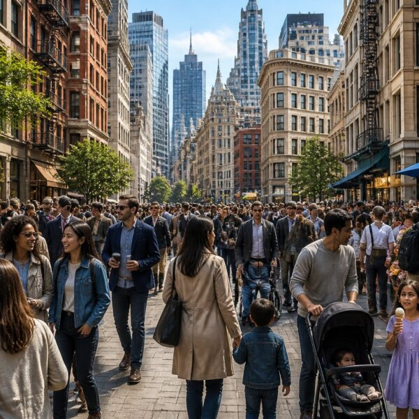 Rua movimentada e cheia de pessoas em uma área urbana densamente povoada.