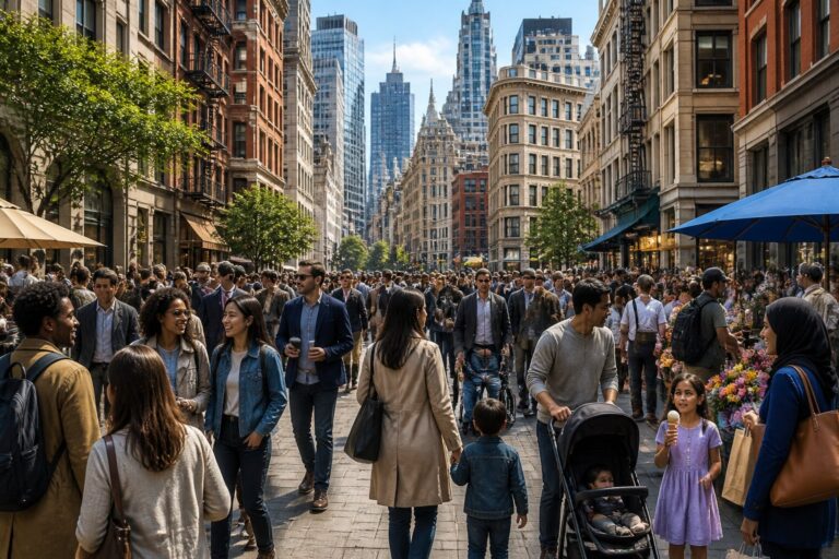 Rua movimentada e cheia de pessoas em uma área urbana densamente povoada.