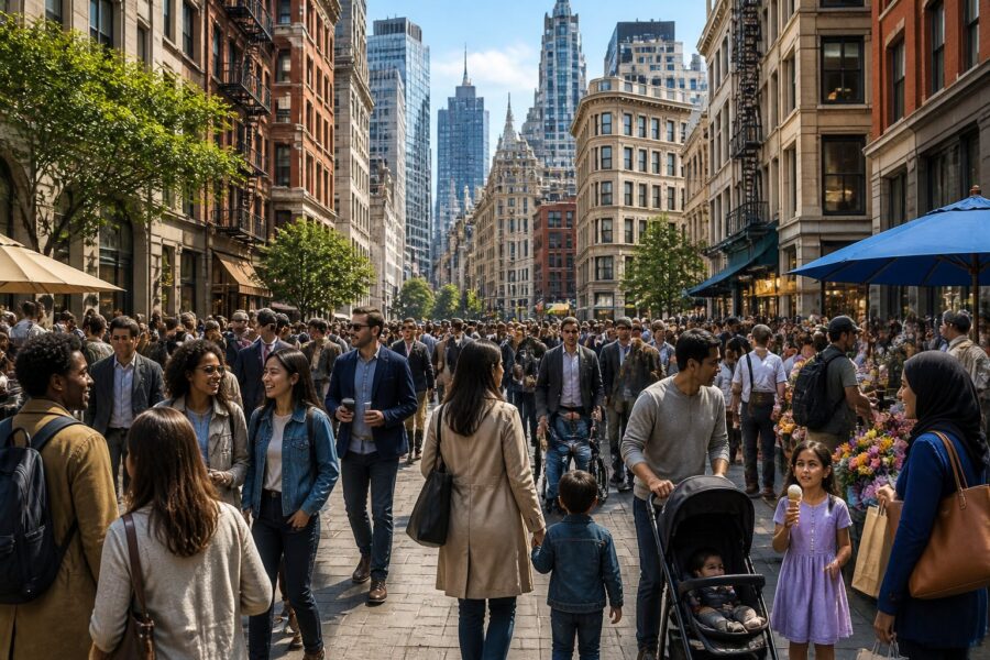 Rua movimentada e cheia de pessoas em uma área urbana densamente povoada.