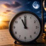 Relógio analógico moderno mostrando a hora próxima da meia-noite com luz natural suave ao fundo.