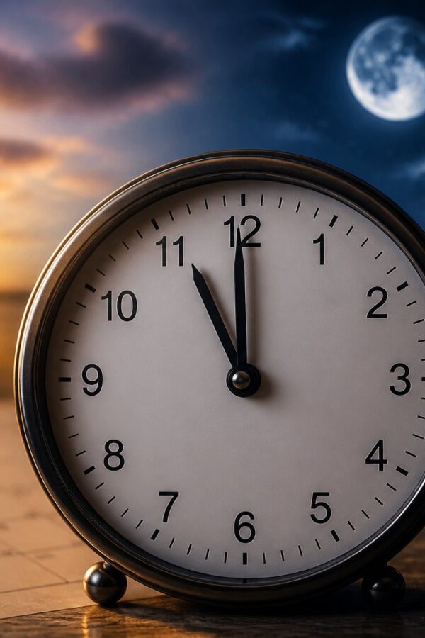 Relógio analógico moderno mostrando a hora próxima da meia-noite com luz natural suave ao fundo.