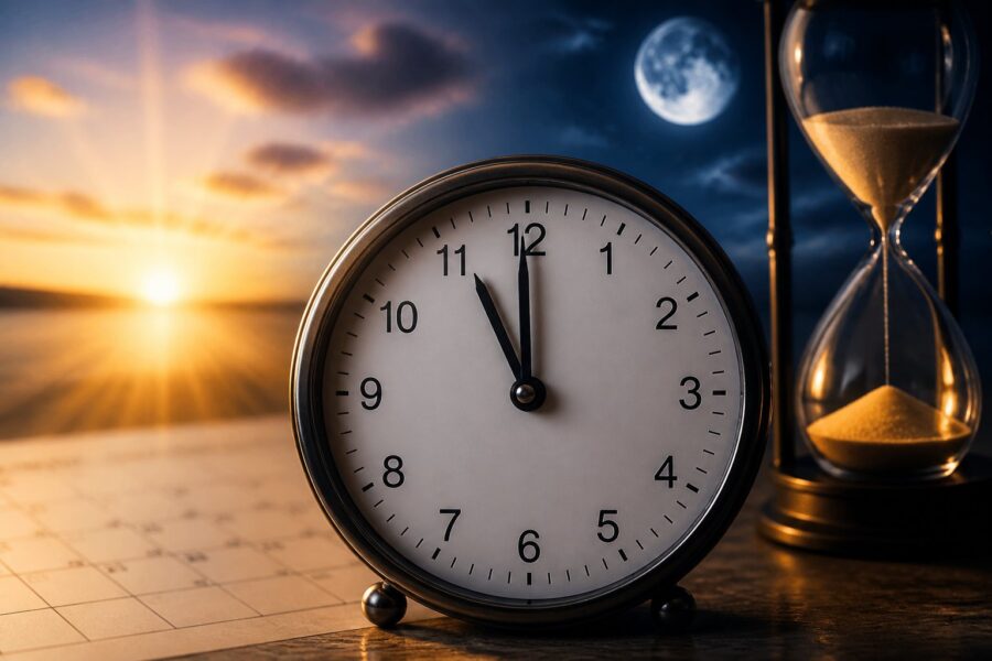 Relógio analógico moderno mostrando a hora próxima da meia-noite com luz natural suave ao fundo.