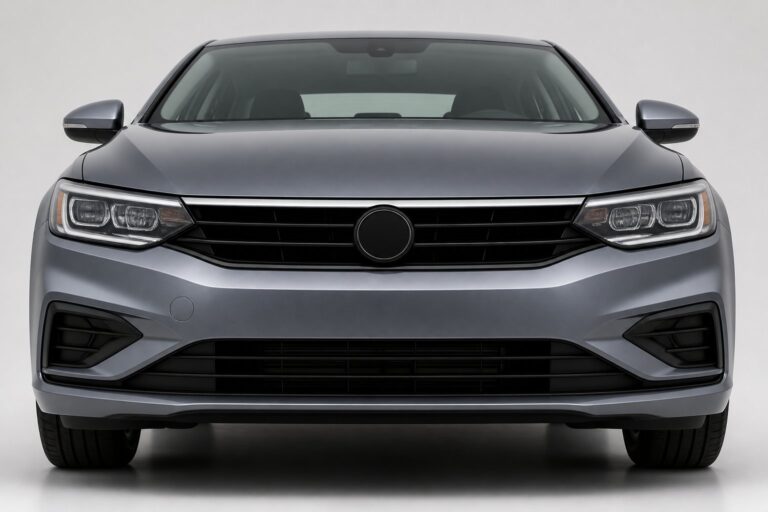 Ilustração de um carro moderno visto de frente, com destaque no para-choque.