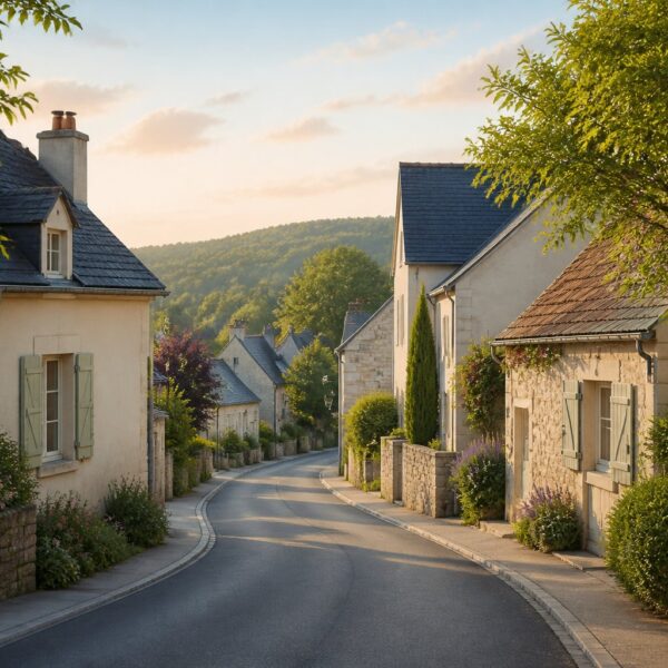 Parte modesta e tranquila de uma vila ou cidade com casas simples e vegetação ao redor.