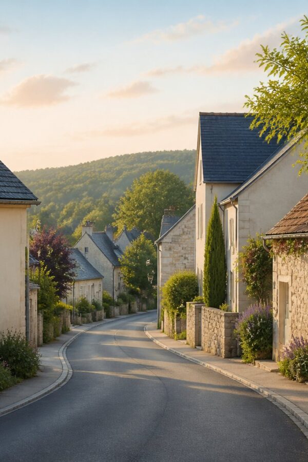 Parte modesta e tranquila de uma vila ou cidade com casas simples e vegetação ao redor.